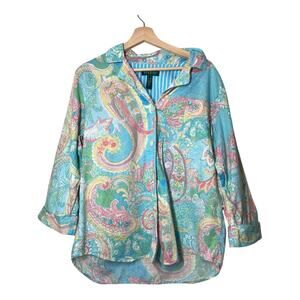 Lauren Ralph Lauren LRL Blue Sleep Shirt Pajama top Size XL Paisley Pink Cotton